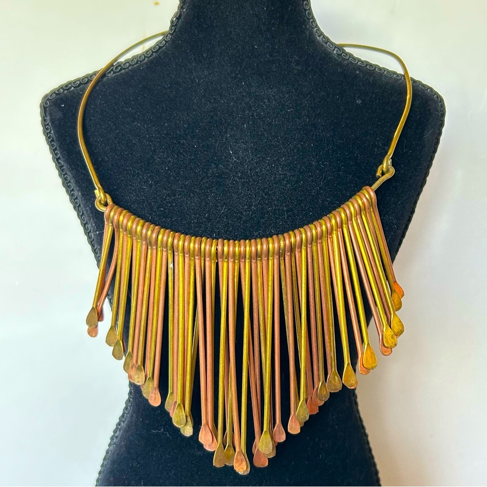 Elegant Gold and Copper Metal Fringe Necklace Dangle Statement